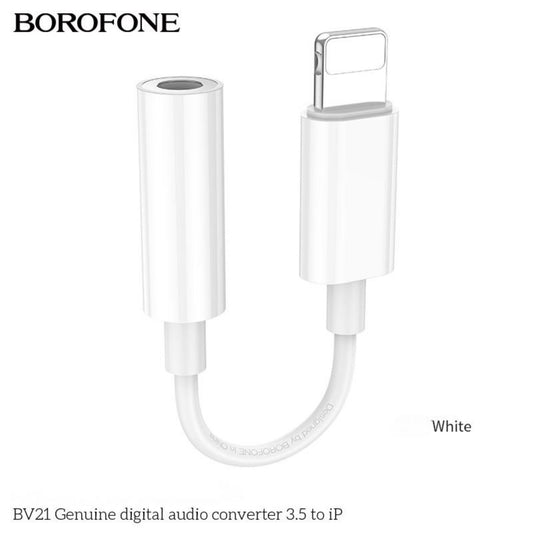 BOROFONE BV21 Genuine iP to 3.5mm Digital Audio Converter in white, showing compact design with Lightning to 3.5mm female jack. Ideal for iPhone users.
