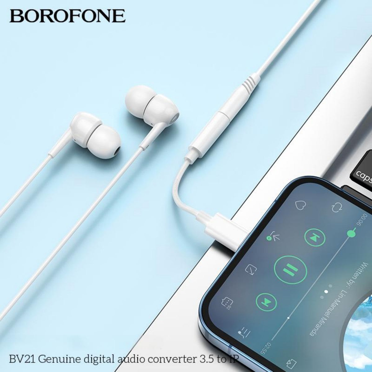BOROFONE BV21 audio converter connected to iPhone and earphones, demonstrating seamless audio playback via 3.5mm jack. Perfect for music lovers.