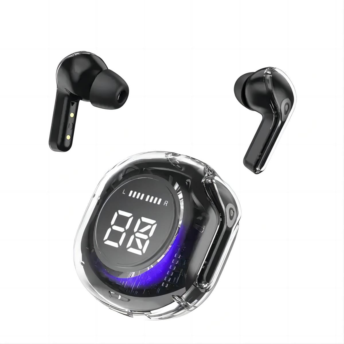 BW09 Wireless Bluetooth Earbuds in black with ENC dual mic noise reduction, transparent charging case, and LED display.