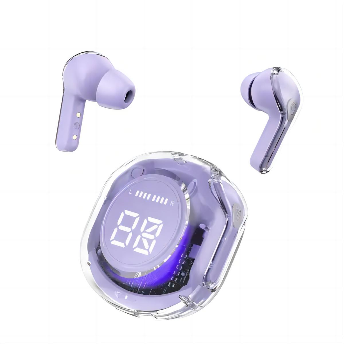BW09 Wireless Bluetooth Earbuds in purple featuring ENC dual mic noise reduction, transparent charging case, and LED display.