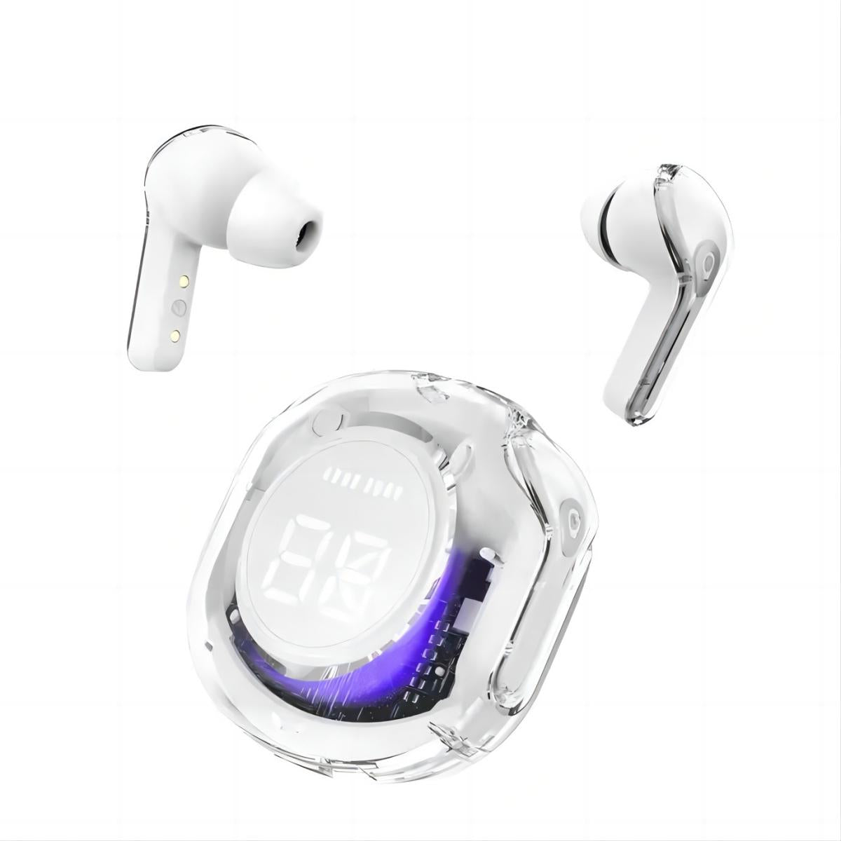 BW09 Wireless Bluetooth Earbuds with ENC dual mic noise reduction, transparent charging case, and LED display in white color.