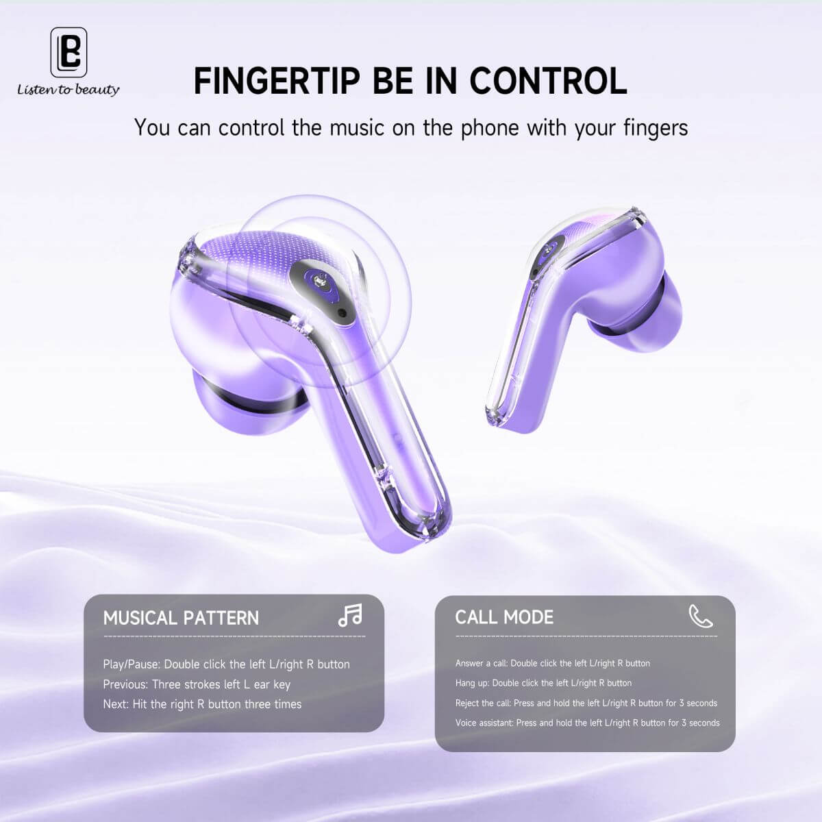 Touch control functionality on BW09 Wireless Bluetooth Earbuds allows easy music and call management with fingertip gestures.