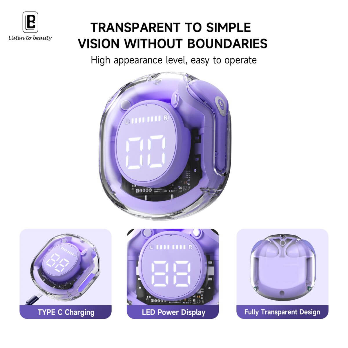 Transparent design of BW09 Wireless Bluetooth Earbuds with LED power display and Type-C charging for a modern aesthetic.