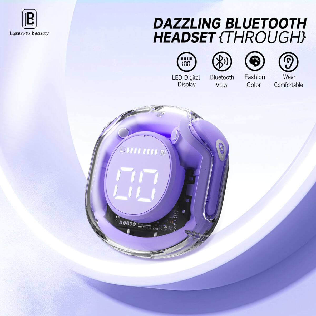 Dazzling BW09 Wireless Bluetooth Earbuds with LED digital display, Bluetooth 5.3, and stylish purple color for a comfortable fit.