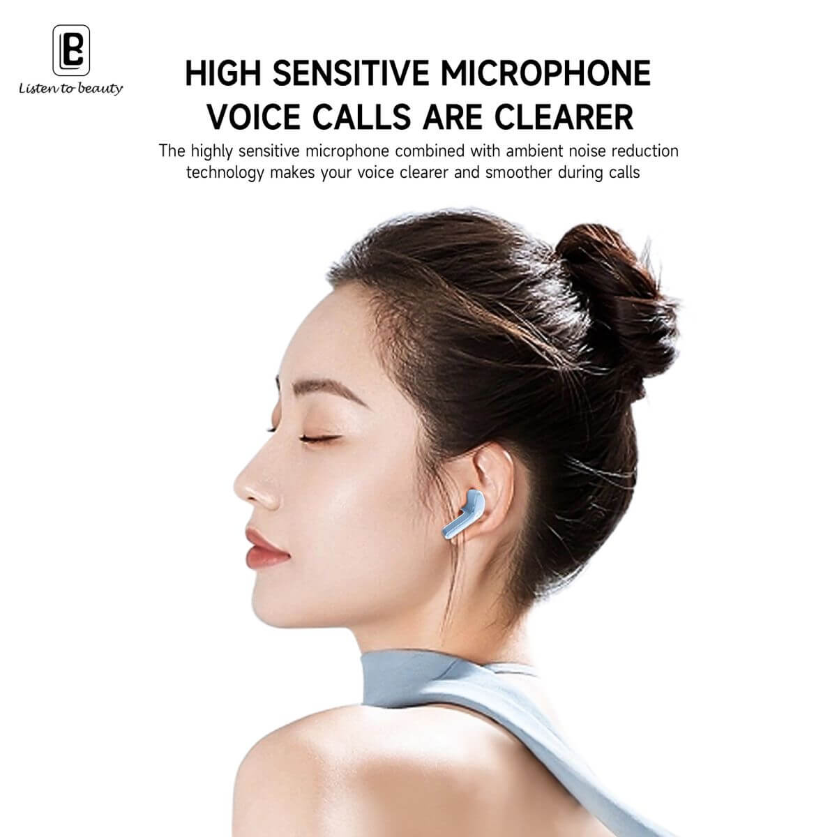 High-sensitive microphone on BW09 Wireless Bluetooth Earbuds ensures clear voice calls with ambient noise reduction technology.
