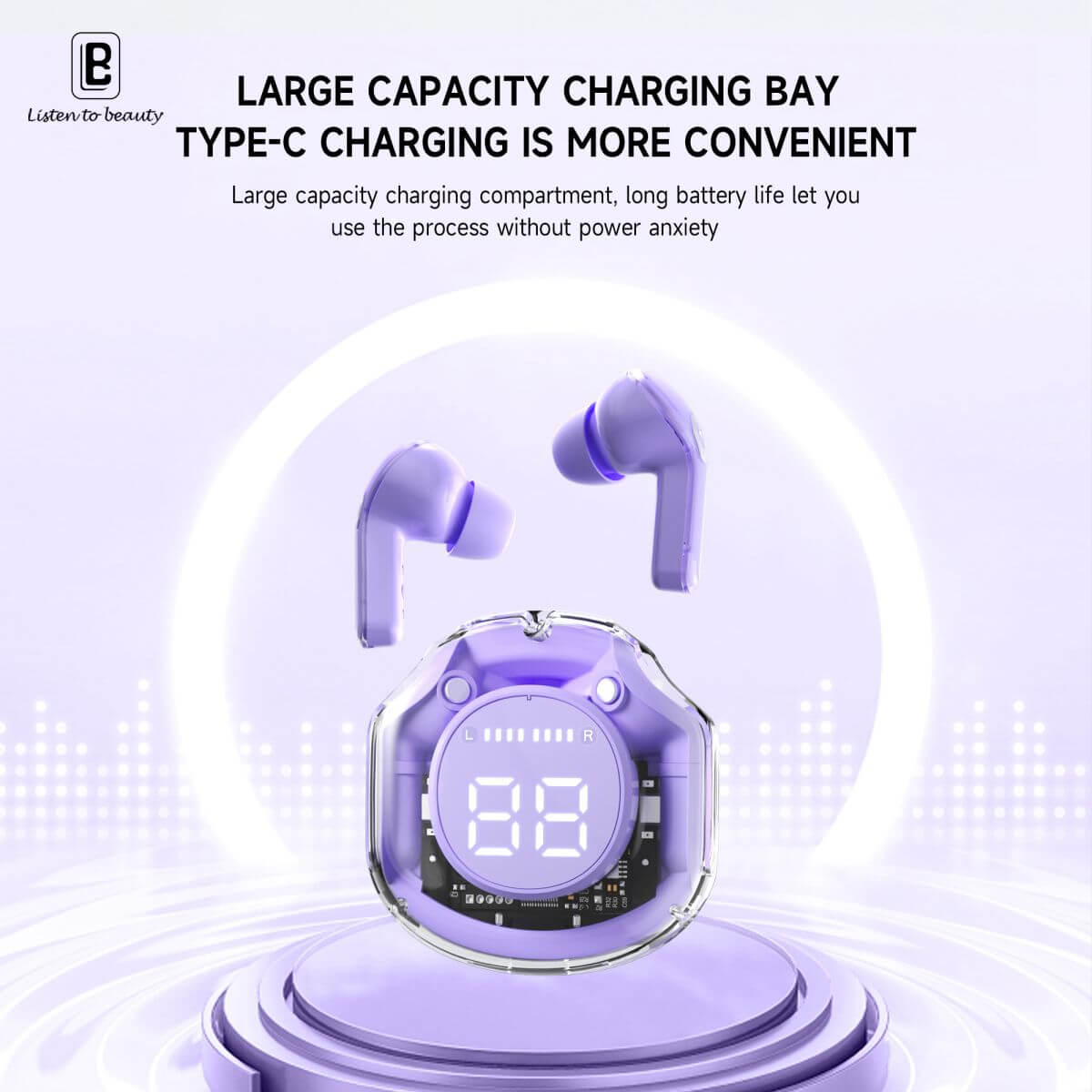 BW09 Wireless Bluetooth Earbuds with a large capacity charging bay and Type-C fast charging for extended battery life.