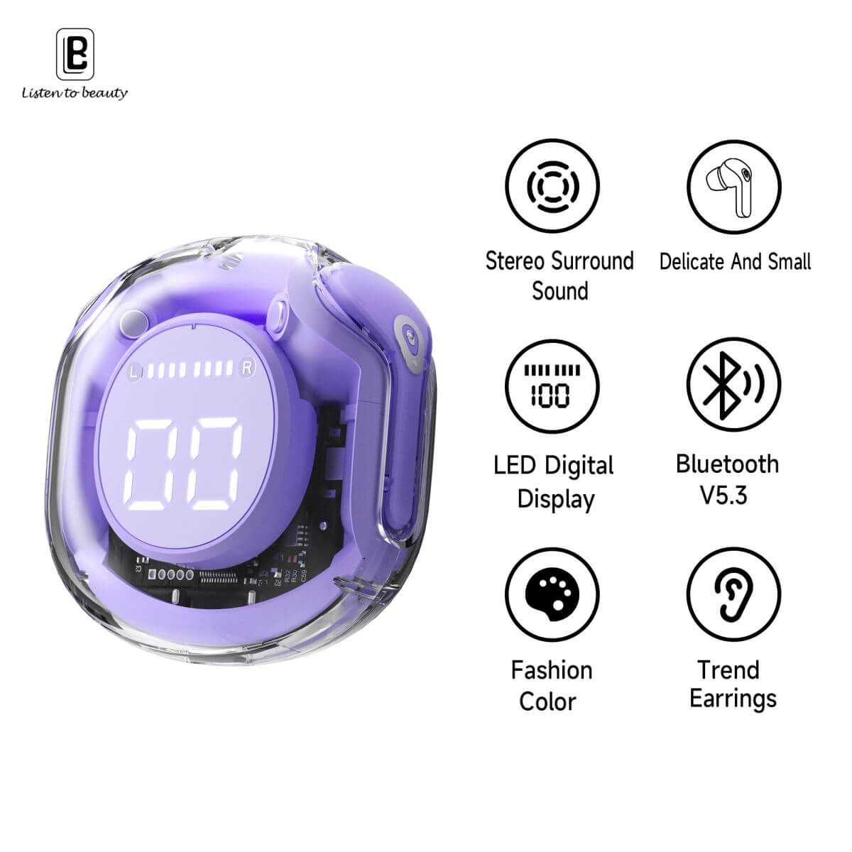 BW09 Wireless Bluetooth Earbuds with stereo surround sound, LED digital display, and trendy fashion color design.