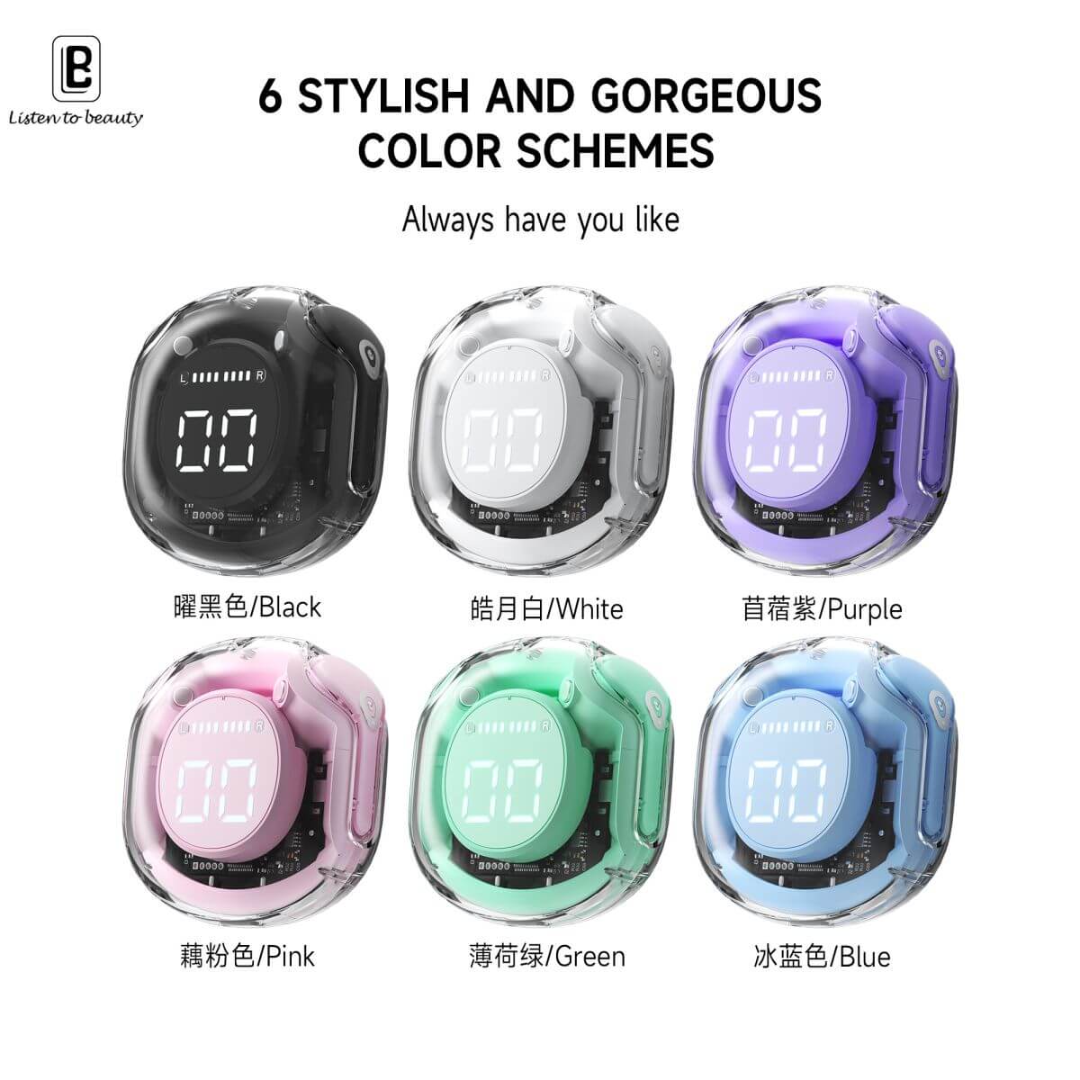 BW09 Wireless Bluetooth Earbuds available in six stylish colors including black, white, purple, pink, green, and blue.