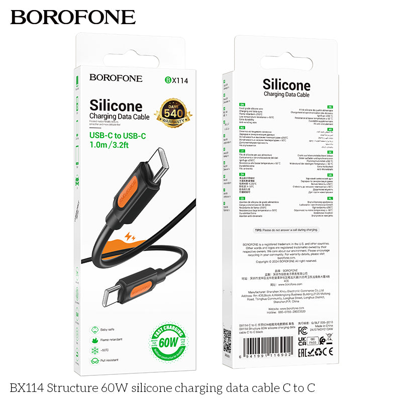 BOROFONE BX114 Structure Silicone 60W TYPE-C to TYPE-C Charging Data Cable 1M