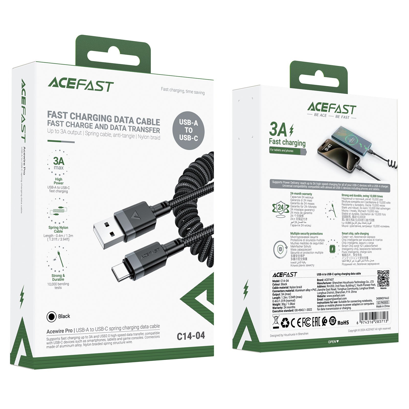 ACEFAST C14-04 USB-A to USB-C Spring Charging Data Cable Black
