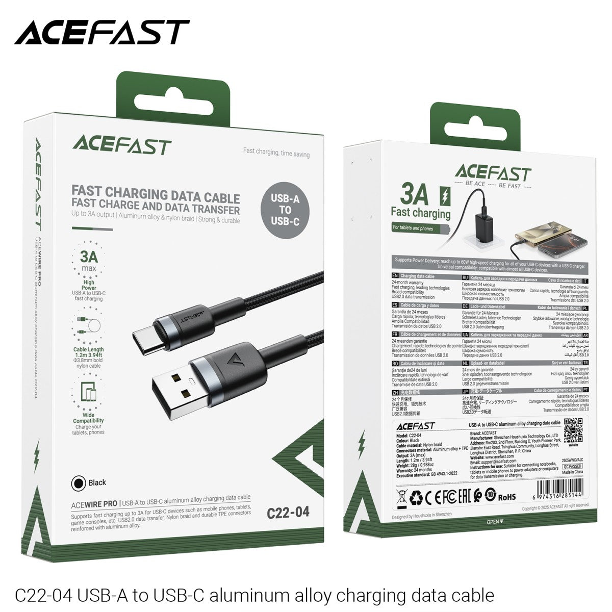 ACEFAST C22-04 USB-A to USB-C Aluminum Alloy Charging Data Cable