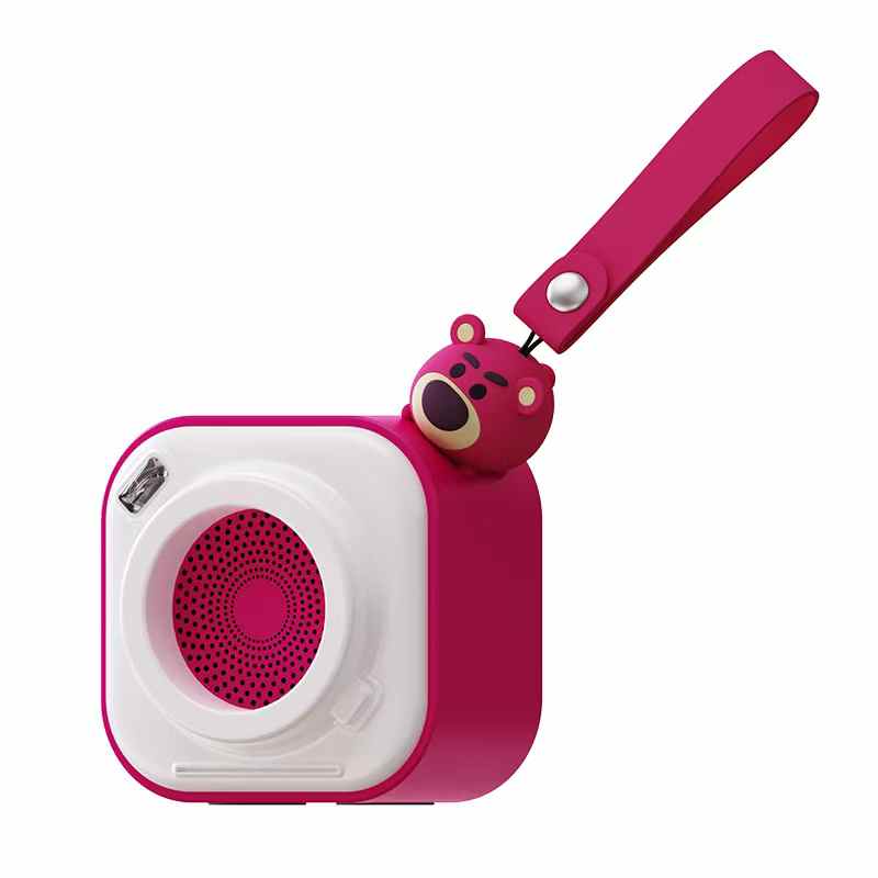 A132 Cute Cartoon Mini Wireless Bluetooth Speaker in pink with bear-themed strap, compact design ideal for portable audio enjoyment.