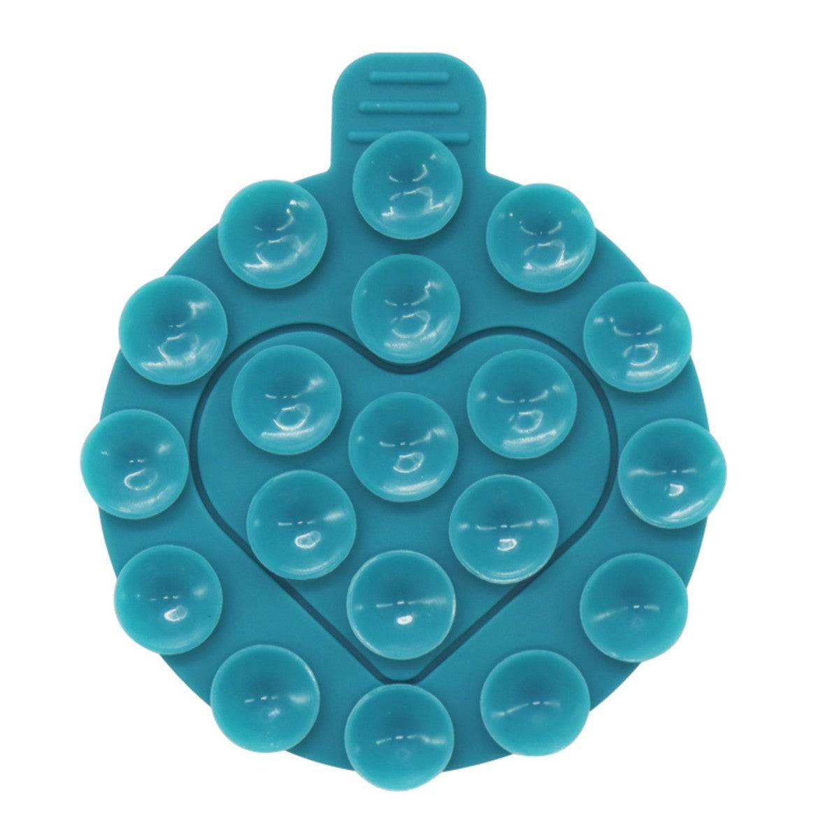 Teal heart-shaped silicone suction cup phone holder with strong adhesion, ideal for hands-free phone mounting.
