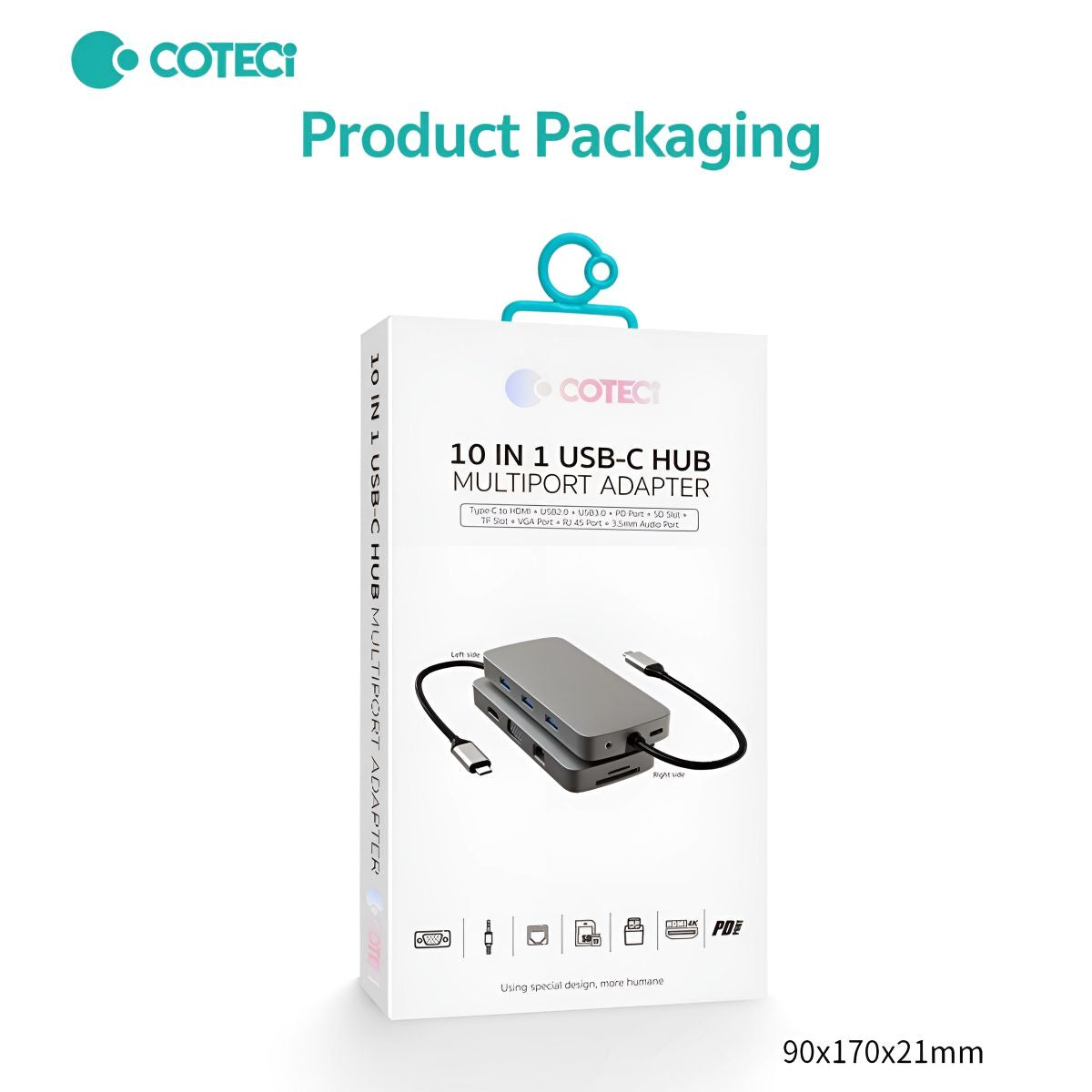 COTECi 10 in 1 USB-C HUB Multiport Adapter - 16012 retail packaging with product image and specifications, designed for secure storage and easy transport.