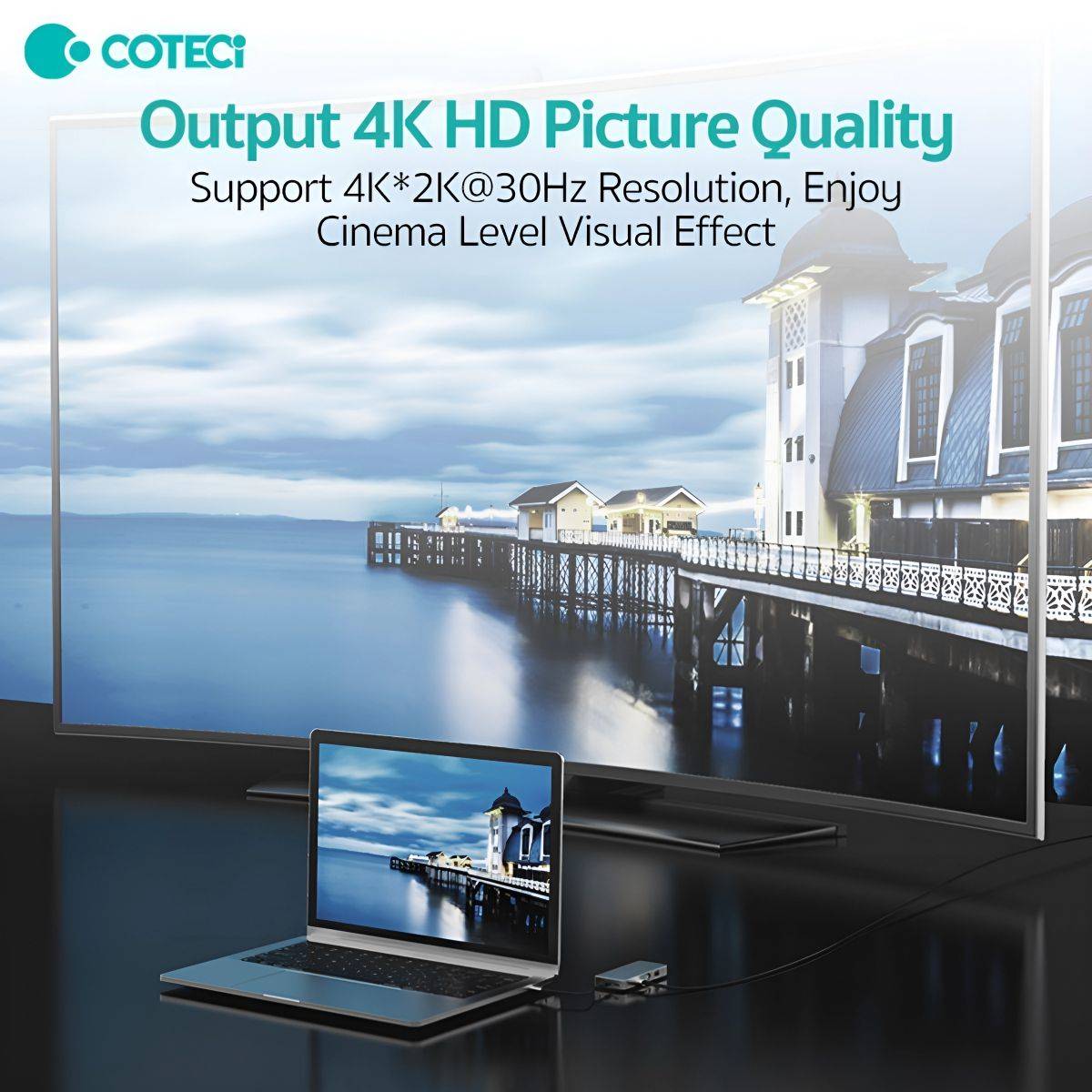 COTECi 10 in 1 USB-C HUB Multiport Adapter - 16012 supporting 4K HD output for high-resolution display, enhancing visual experience with cinema-level quality.