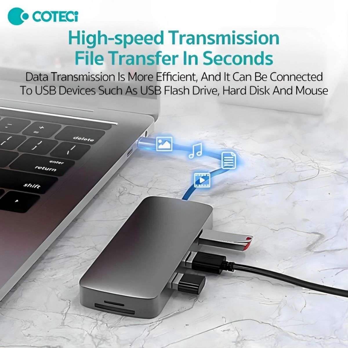 COTECi 10 in 1 USB-C HUB Multiport Adapter - 16012 enabling high-speed data transfer for USB flash drives, hard disks, and other peripherals efficiently.