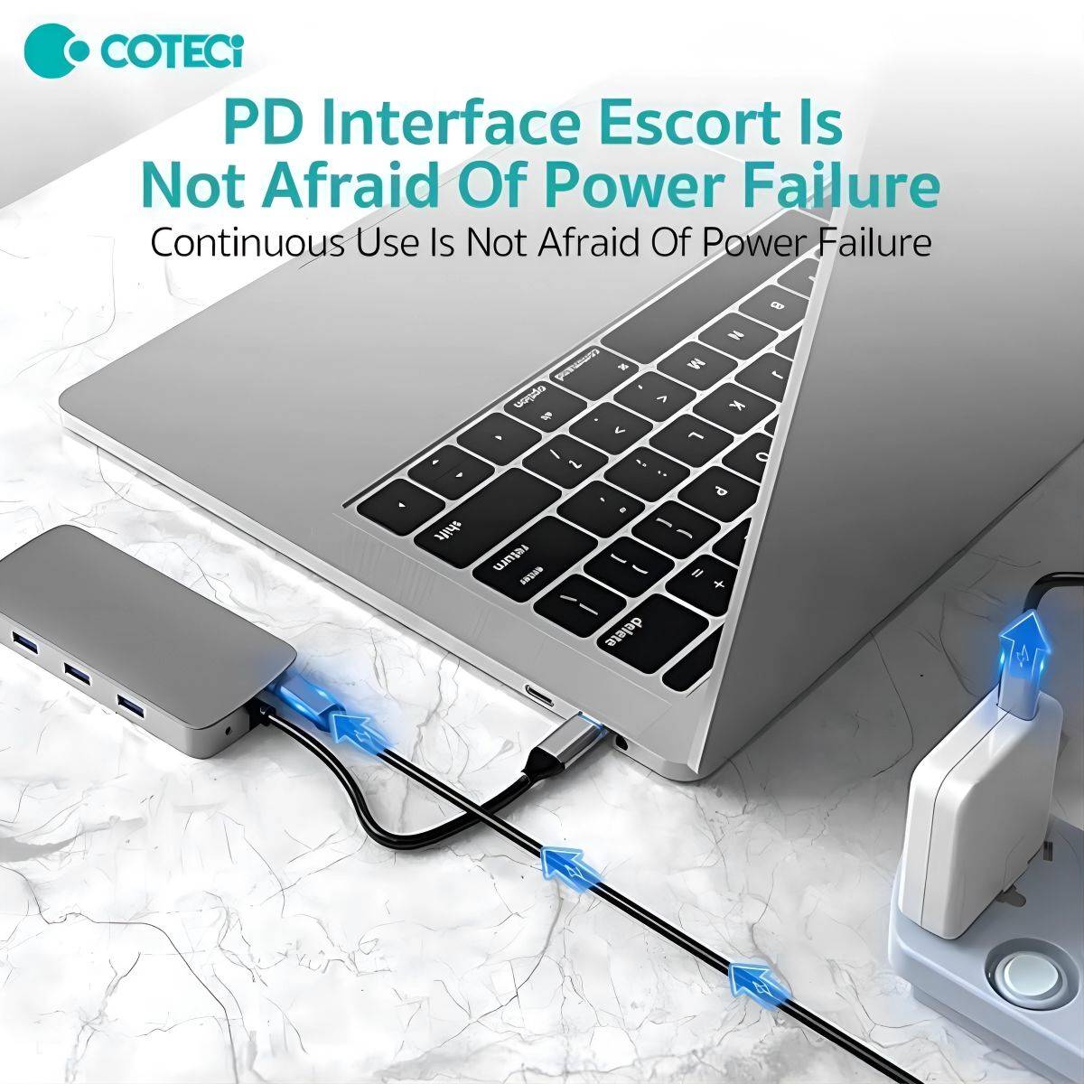 COTECi 10 in 1 USB-C HUB Multiport Adapter - 16012 with PD interface ensuring continuous power supply, preventing power failure during extended use.