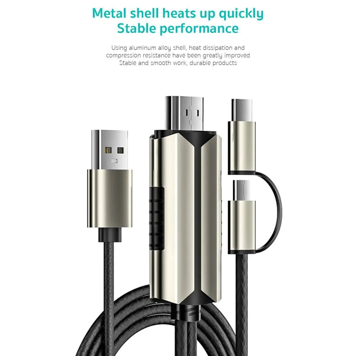 Close-up of the COTEetCi 2-in-1 HDMI Cable with a metal shell for heat dissipation, ensuring stable and smooth multimedia connectivity.