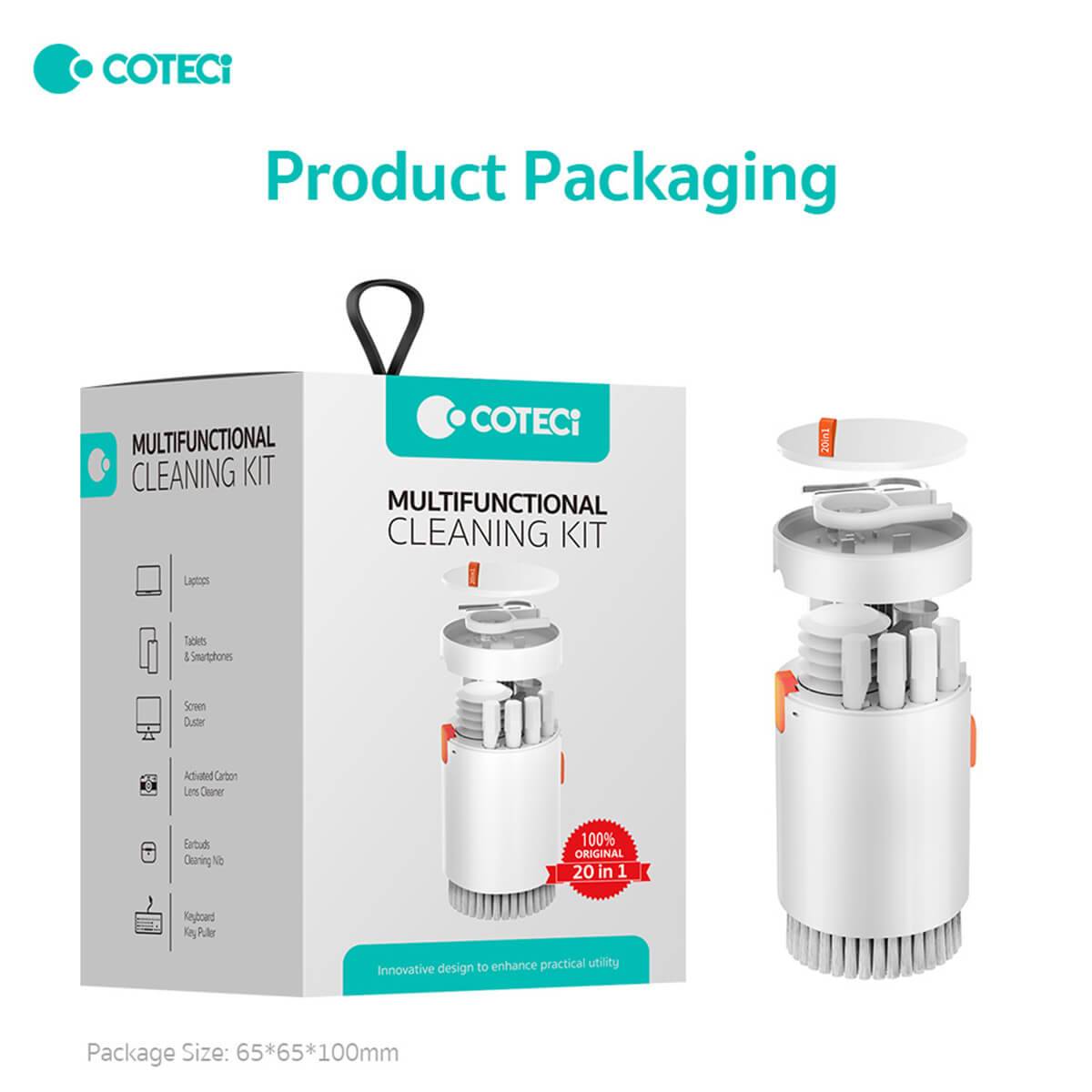 COTECi Cleaning Kit packaging showcasing the compact and innovative design with 20 multifunctional cleaning tools for electronics.