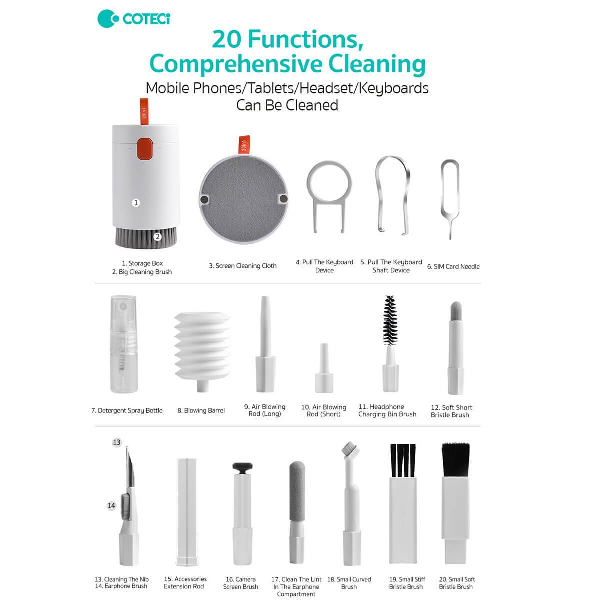 Comprehensive 20-function COTECi Cleaning Kit designed for cleaning mobile phones, tablets, headsets, keyboards, and more.