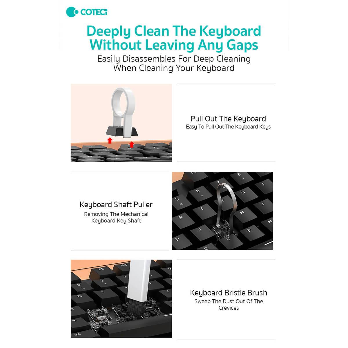 Deep clean keyboards with the COTECi Cleaning Kit, featuring a keyboard shaft puller and bristle brush for removing dust and debris.