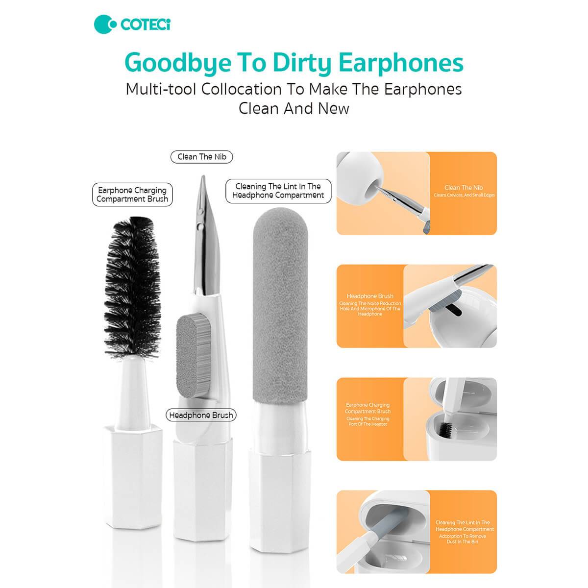 COTECi Cleaning Kit includes specialized tools for cleaning earphones, ensuring a fresh and hygienic listening experience.