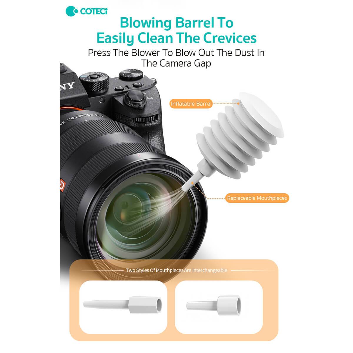 Blowing barrel tool in the COTECi Cleaning Kit effectively removes dust from camera crevices with interchangeable mouthpieces.