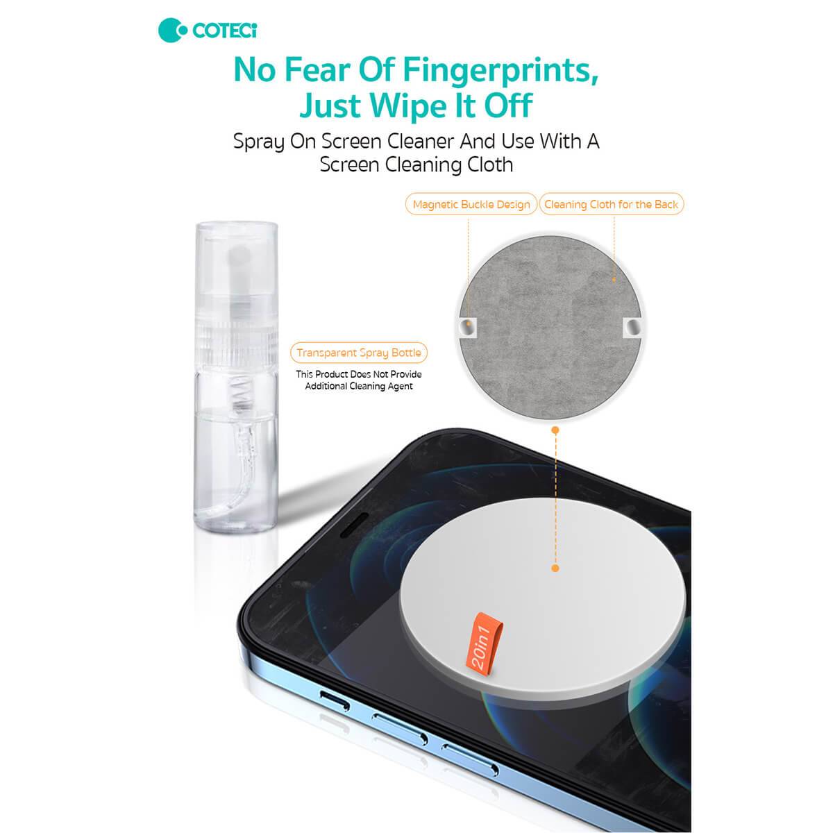 COTECi Cleaning Kit with screen cleaner spray and microfiber cloth for removing fingerprints and smudges from electronic screens.