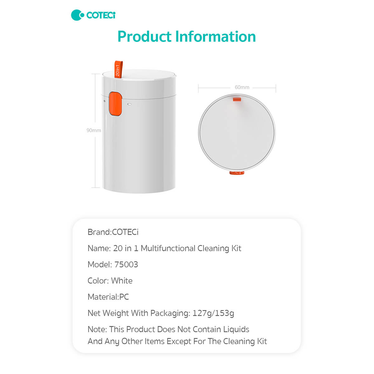 Product details of the COTECi 20 in 1 Multifunctional Cleaning Kit, including dimensions, weight, and material specifications.