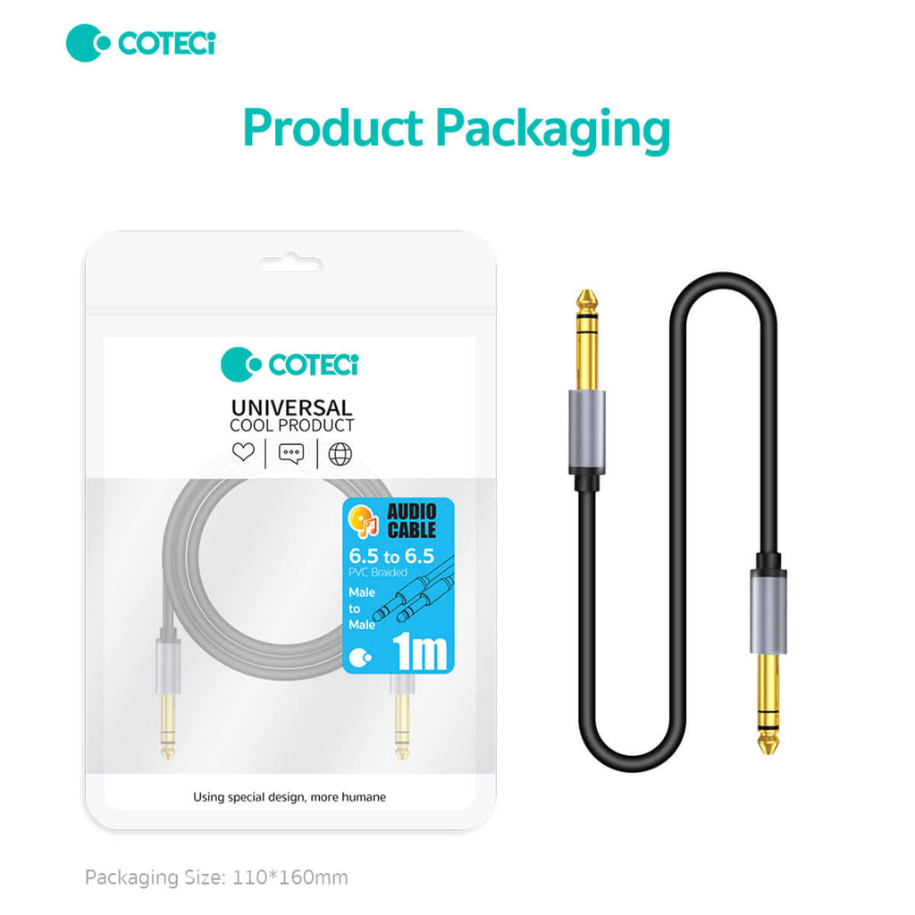 COTECi 6.5mm Male to Male Audio Cable packaging with a sleek design, showcasing high-quality materials and compatibility with professional audio equipment.