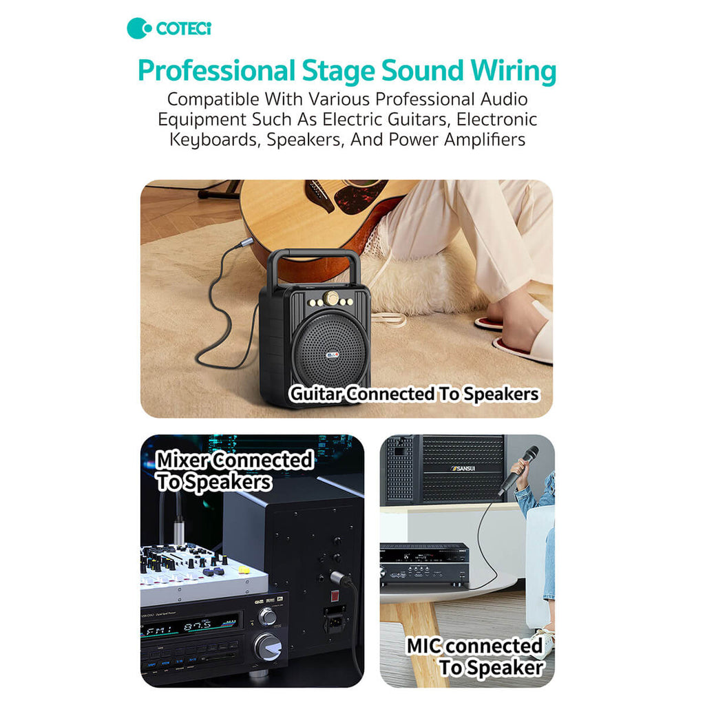 Professional stage sound wiring with COTECi 6.5mm Male to Male Audio Cable, compatible with guitars, mixers, microphones, and speakers for clear audio.