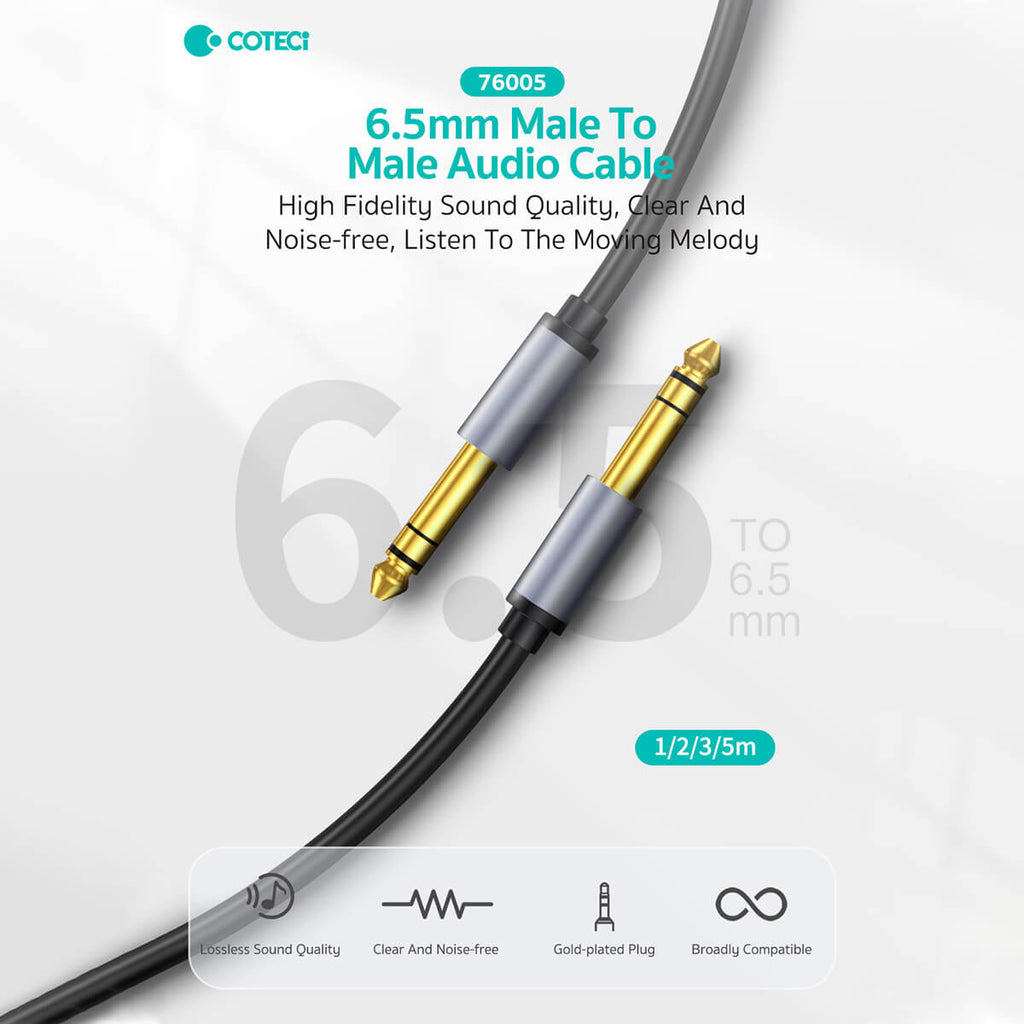 COTECi 76005 6.5mm Male to Male Audio Cable with gold-plated connectors and durable shielding for high-fidelity sound quality and noise-free performance.