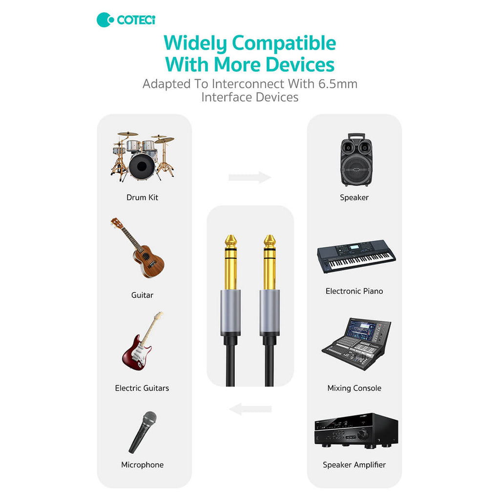 COTECi 6.5mm Male to Male Audio Cable widely compatible with drum kits, guitars, microphones, speakers, electronic pianos, and mixing consoles.