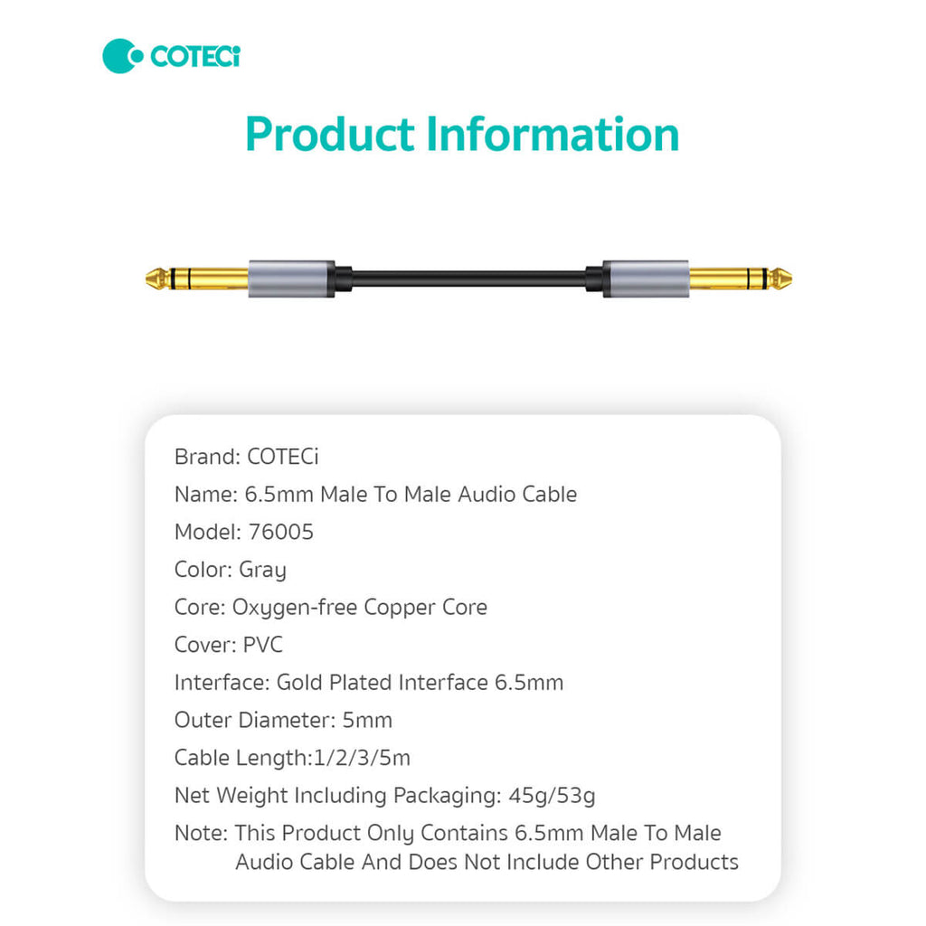 Detailed product information of COTECi 76005 6.5mm Male to Male Audio Cable, featuring gold-plated connectors, PVC cover, and multiple length options.