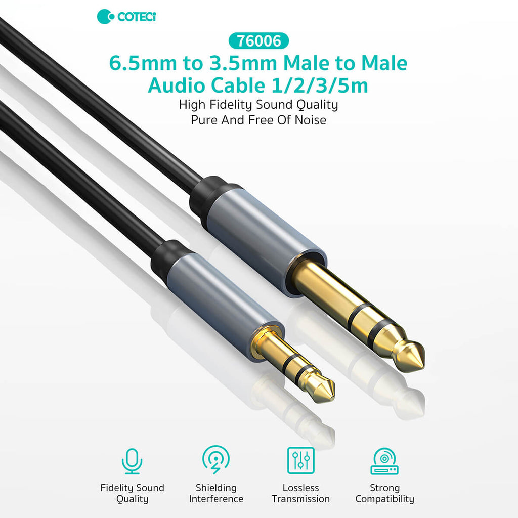 Close-up of COTECi 6.5mm to 3.5mm Male to Male Audio Cable with gold-plated connectors. Ensures lossless transmission and shielding interference.