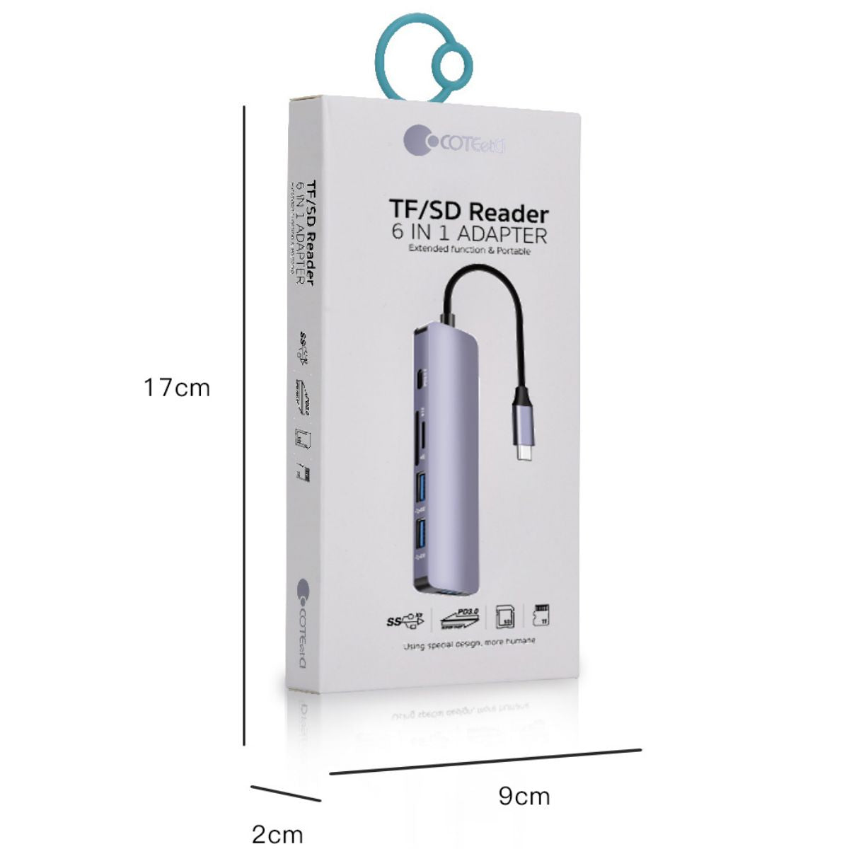 Retail packaging of the COTECi MB1084 TF/SD Reader 6-IN-1 Adapter, displaying dimensions and product branding for easy identification.