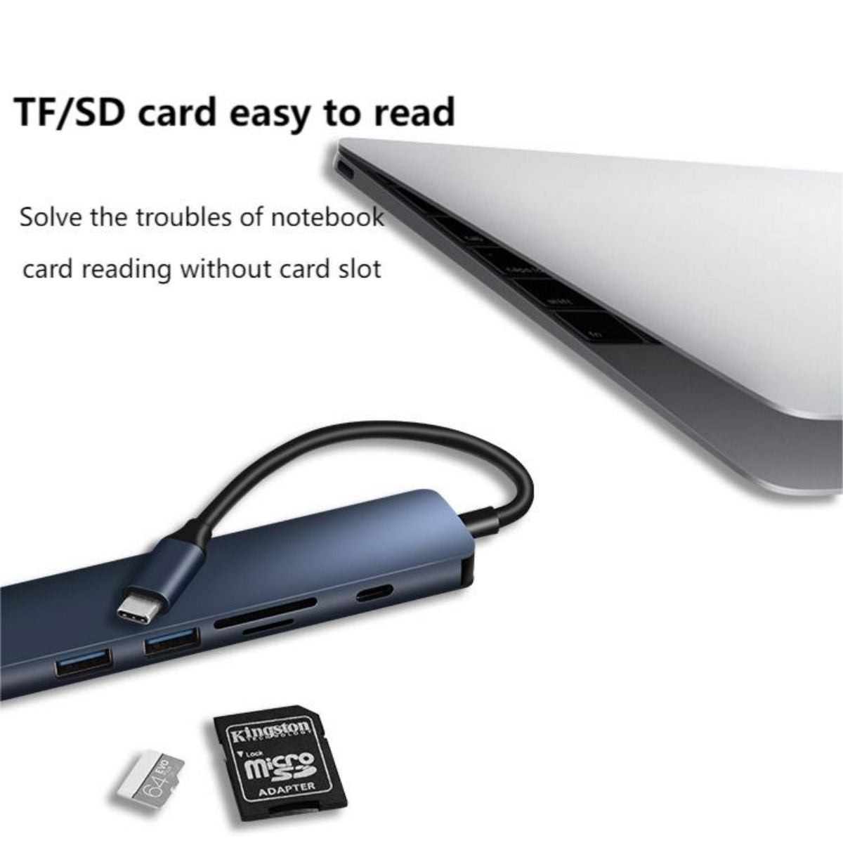 TF/SD card reader function of the COTECi MB1084 Type-C Hub Adapter, solving the issue of laptops without built-in card slots.