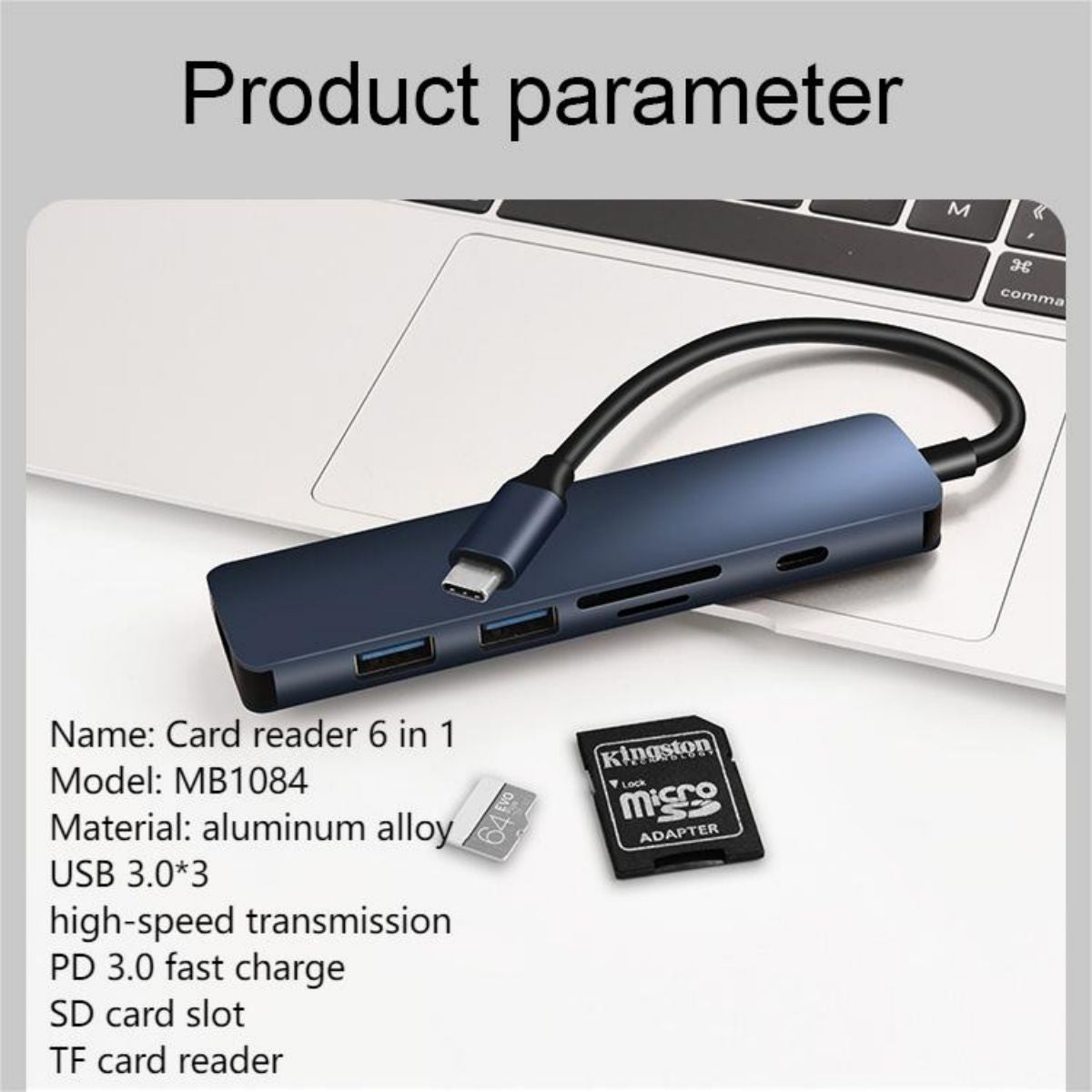 Detailed product parameters of the COTECi MB1084 6-IN-1 Type-C Hub Adapter, highlighting material, ports, and high-speed transmission.
