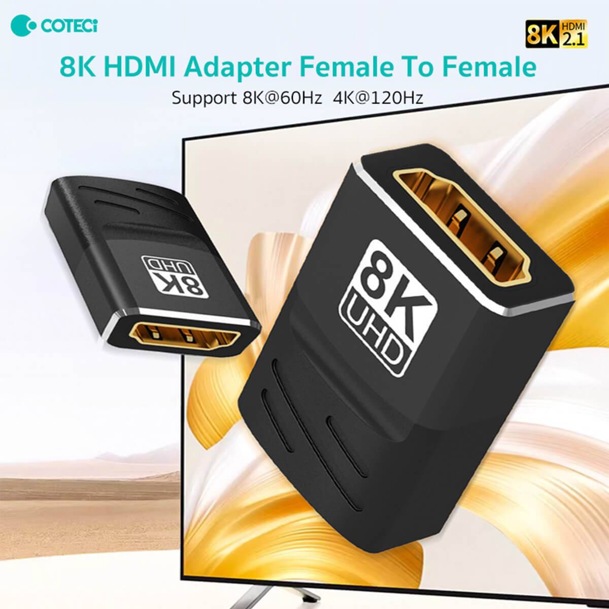 COTECi 8K HDMI Adapter Female to Female supporting 8K@60Hz and 4K@120Hz. Ideal for extending HDMI cables with ultra-high-definition video quality.