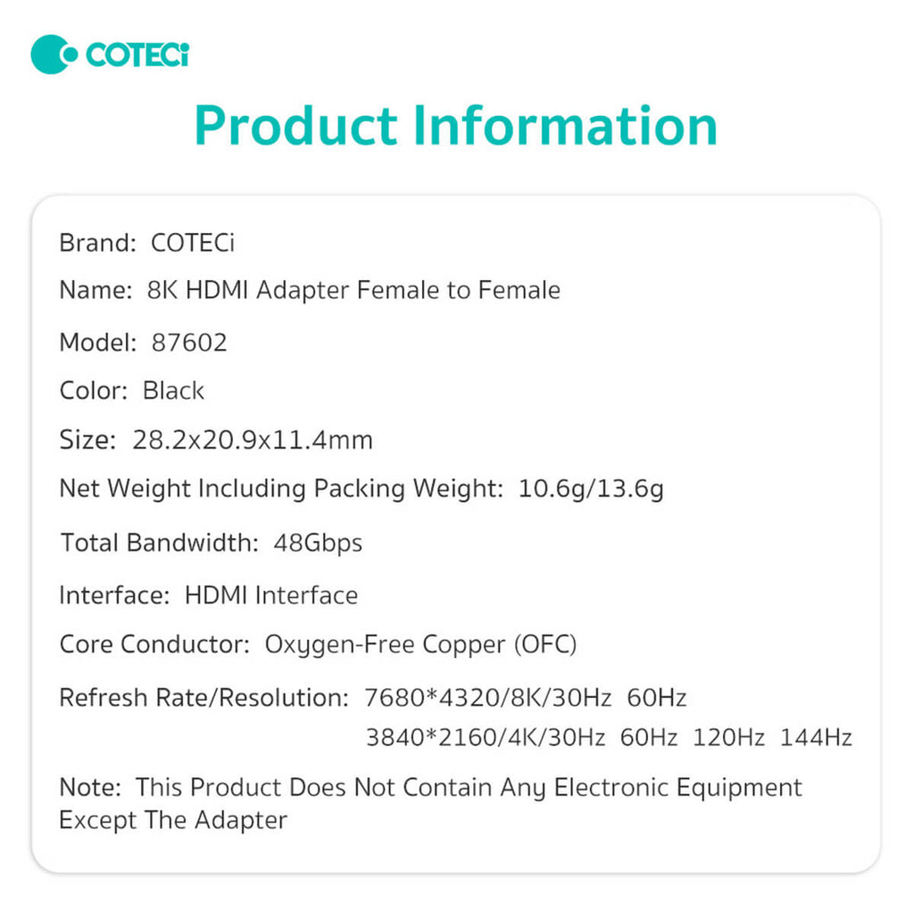 COTECi 8K HDMI Adapter Female to Female - 87602 - Hugmie