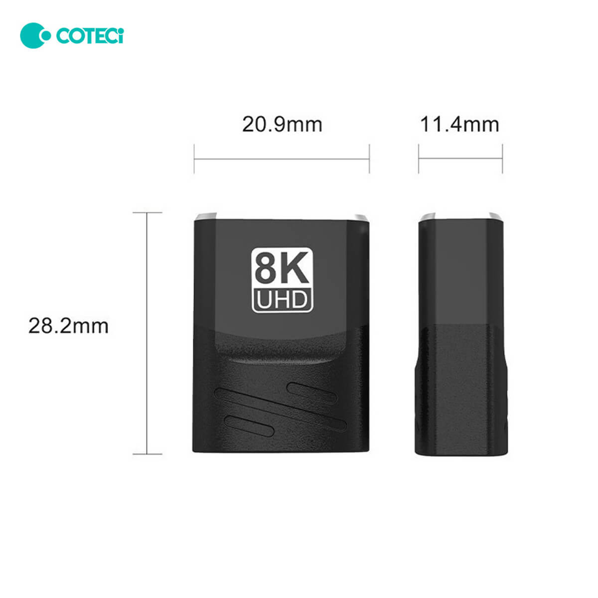 Compact and lightweight COTECi 8K HDMI Adapter with dimensions of 28.2x20.9x11.4mm. Designed for easy portability and high-performance connectivity.