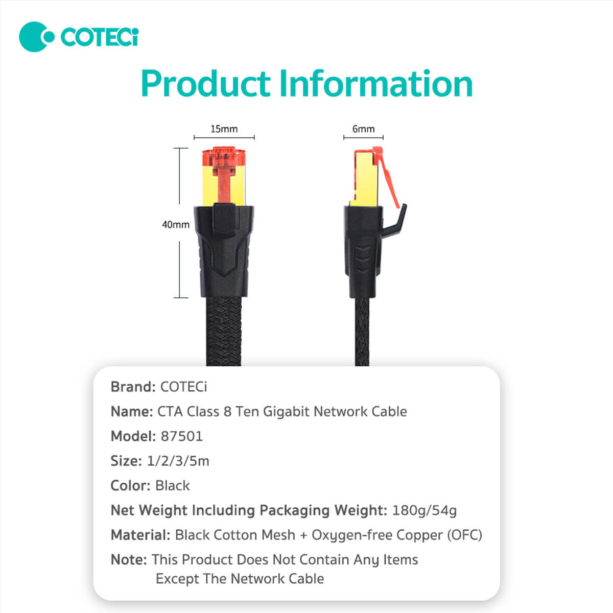 Detailed product information for the black COTEetCi CTA 8 Class 10 Gigabit Ethernet Cable, featuring oxygen-free copper and a durable cotton mesh exterior.