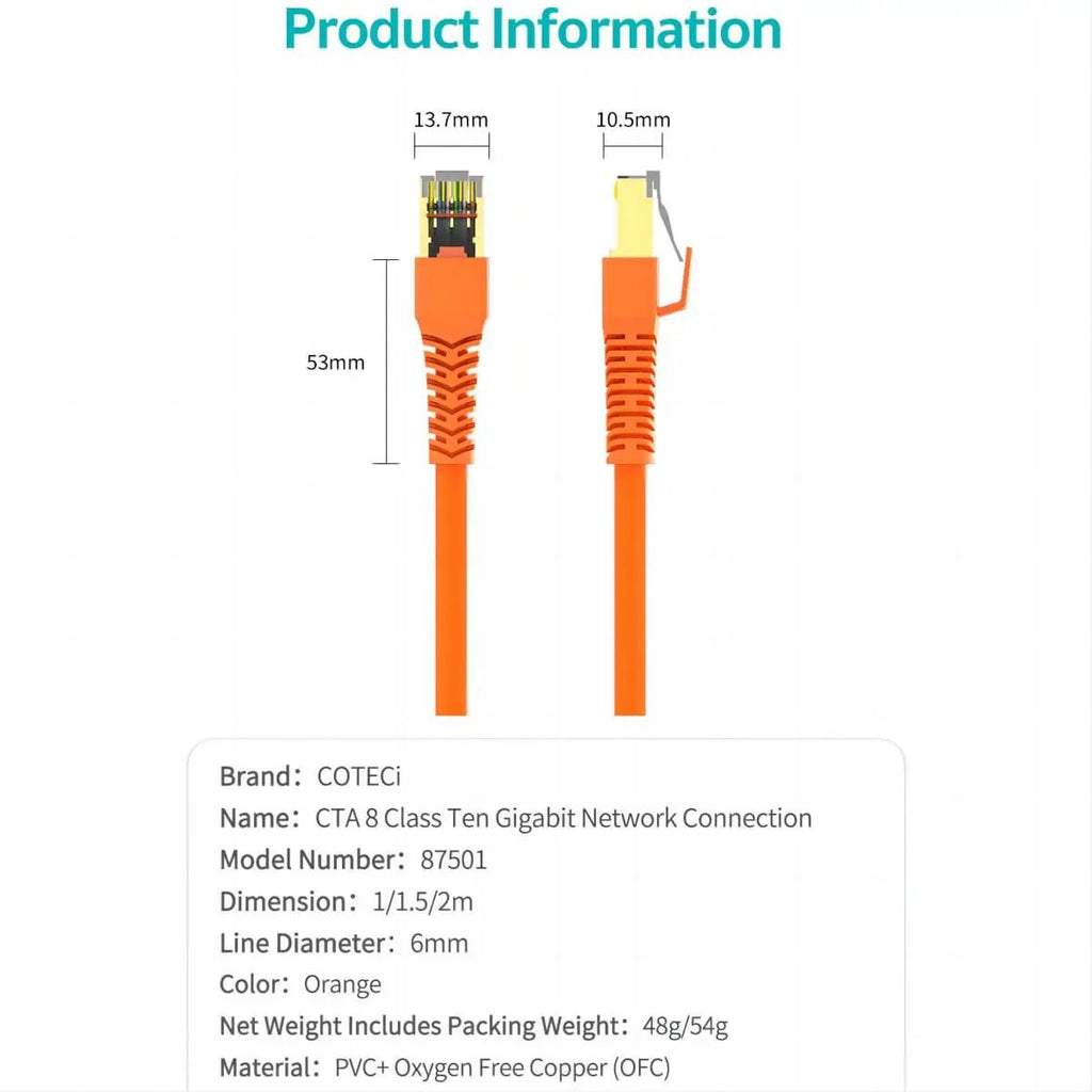 Coteci CTA8 Class 10 Gigabit Ethernet Cable 2M