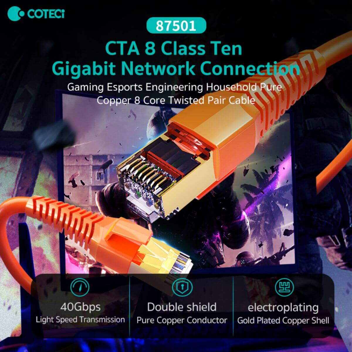 Coteci CTA8 Class 10 Gigabit Ethernet Cable 2M
