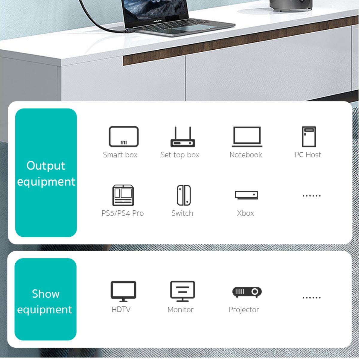 Compatible with multiple devices including smart boxes, gaming consoles, laptops, and projectors, ensuring seamless connectivity for all entertainment needs.