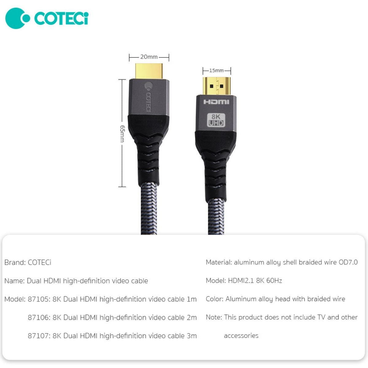 Detailed specifications of the COTEetCi 8K HDMI Cable, including aluminum alloy shell, braided wire, and HDMI 2.1 support for high performance.