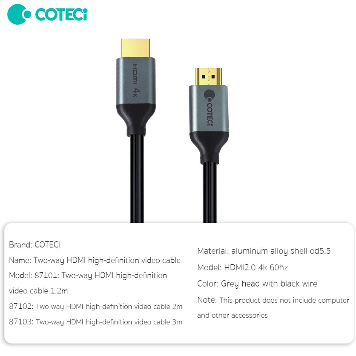 COTEetCi HDMI 2.0 cable specifications, featuring aluminum alloy shell, 4K 60Hz support, and a durable design for high-speed video and audio transmission.