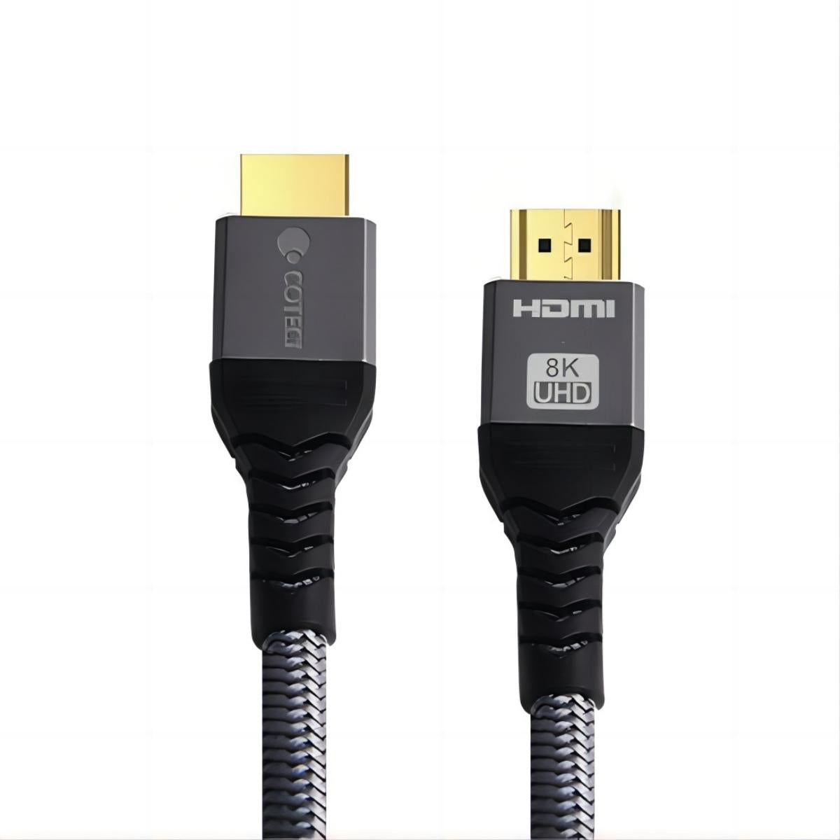 COTEetCi HDMI to HDMI Cable 8K 1M with gold-plated connectors and braided shielding for enhanced durability and high-speed data transmission.