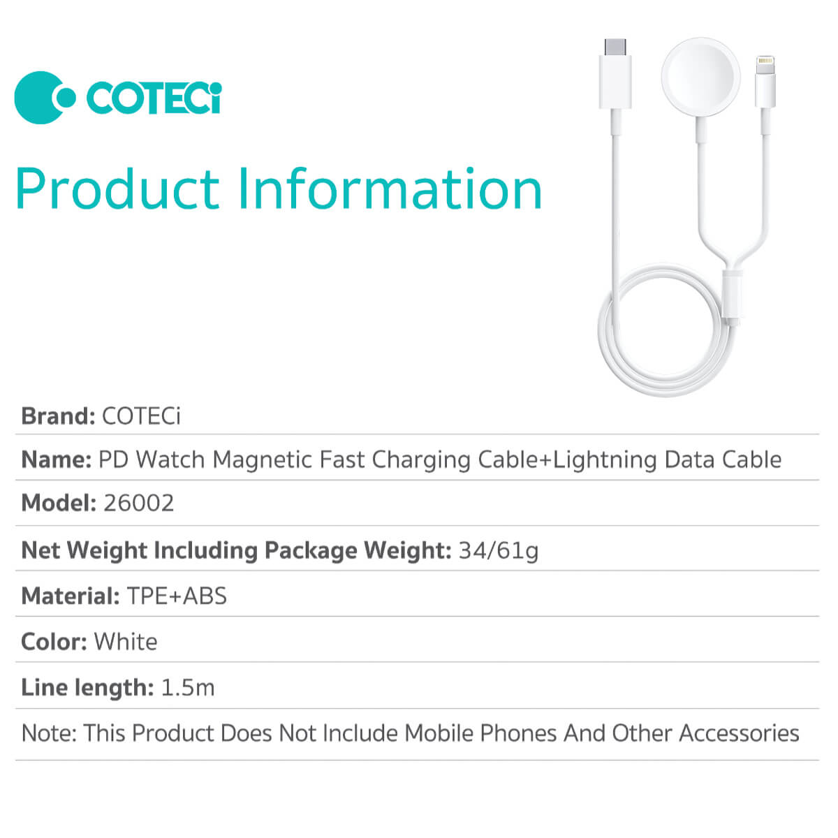 Product information for COTECi PD Watch Magnetic Fast Charging Cable, including model 26002, material, weight, and cable length.