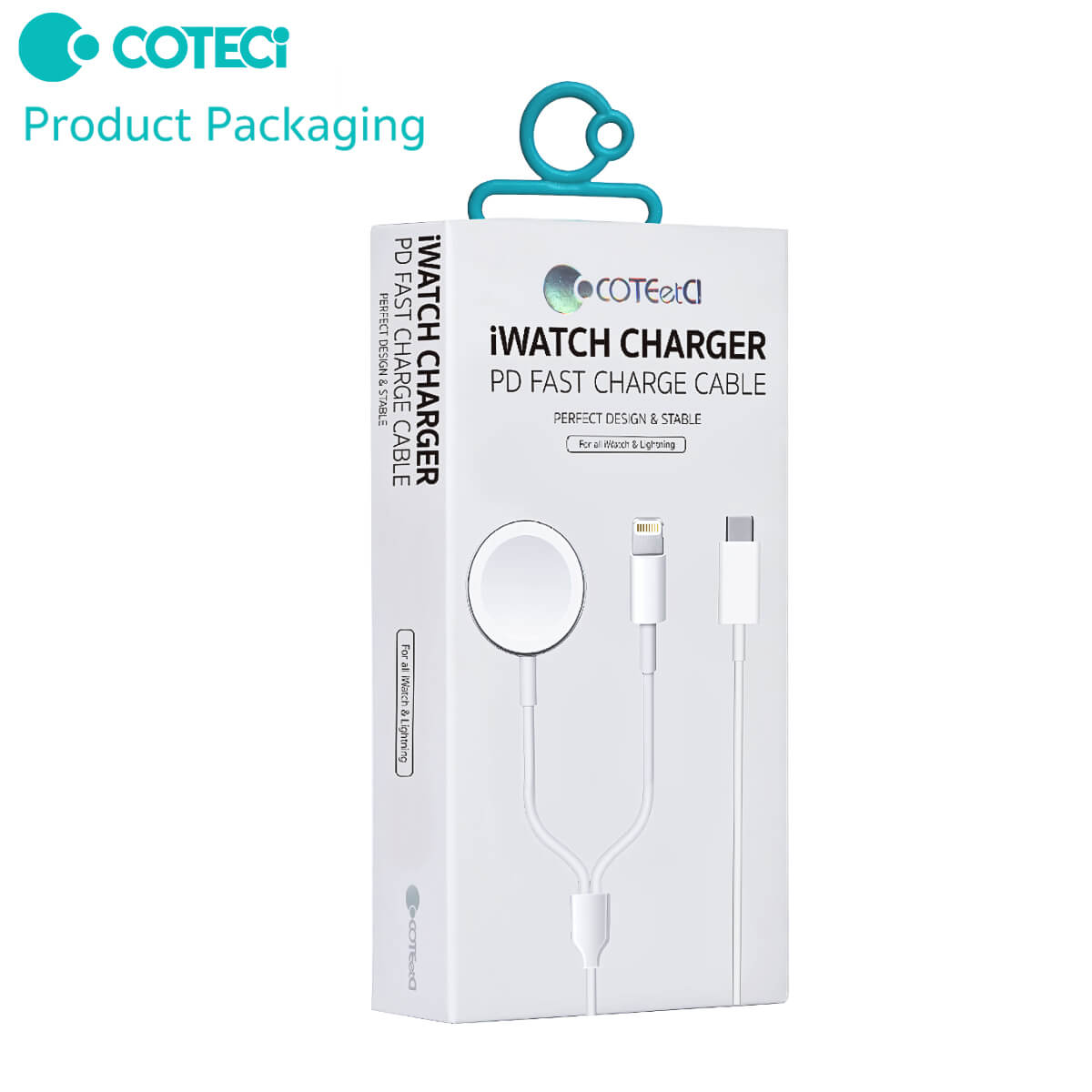 Retail packaging of COTECi iWatch Magnetic Fast Charger to Lightning Cable, featuring a sleek design for easy storage and transport.